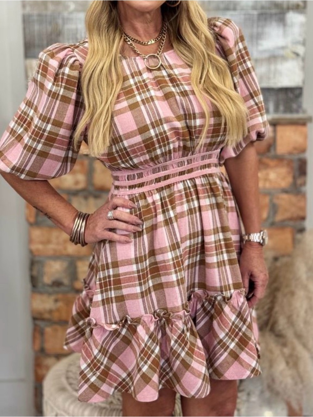 Umgee Plaid Smocked Waist Short Sleeve Dress - Pink & Brown